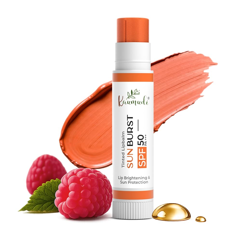 Kaumudi Brightening Tinted Lip Balm | SPF 50 PA+++ In-Vivo Tested | Raspberry Seed Oil + Zinc Oxide + Kojic Acid | A2 Ghee & Rosehip Oil | No Petroleum Jelly No Paraffin | For Dark & Pigmented Lips | 8 Flattering Shades | 5g (Sun Burst)