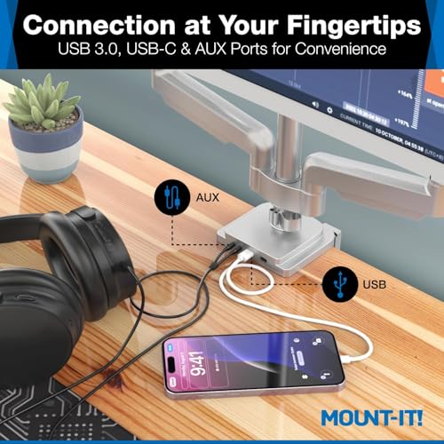 Image of Mount-It! Triple Monitor Mount with Gas Spring Arms, Fits 24-32 Inch Screens, USB & Audio Ports, Full Motion Desk Stand with Tilt, Swivel & Rotation, Heavy Duty Silver 3 Screen Arm with Clamp
