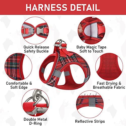 Small Pet Harness Collar and Leash Set, Step in No Chock No Pull Soft Mesh Adjustable Dog Vest Harnesses Plaid Reflective for Dogs Puppy and Cats Outdoor Training (Red, M) - Image 2