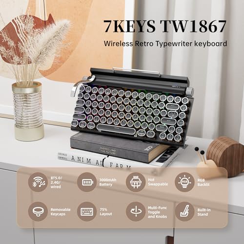 Image of 7KEYS Typewriter Keyboard Wireless Retro Style, Vintage Classical Mechanical Keyboard with Bluetooth for IPAD PC /Laptop Mac /Phone (Black+Wrist)