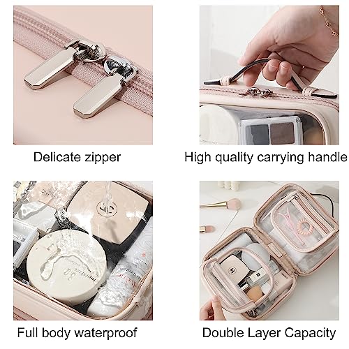 Veki TSA Approved Toiletry Bag Transparent Makeup Bag Double Travel Cosmetic bags Case Waterproof Toiletries Bag Medium Capacity Open Storage bag Organizer for Women and Girls (Medium Pink)