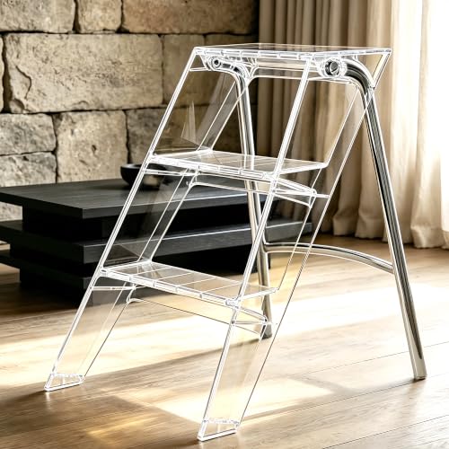 Image of Acrylic 3 Step Ladder Folding Step Stool, Anti-Slip Steps Design, 350lbs Heavy Duty Load Bearing, Stable Support Frame, Portable Safety Acrylic Ladder (Transparent)