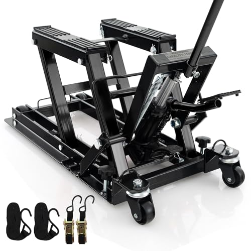Image of HOMFME 680 kg Hydraulic Motorcycle Lift Jack, Motorbike Lifting Stand with 3-Level Height Adjustable Platform, Wheels, Heavy Duty Motorcycle Jack Lift Table Hoist Stand for ATV UTV Quad (Black)