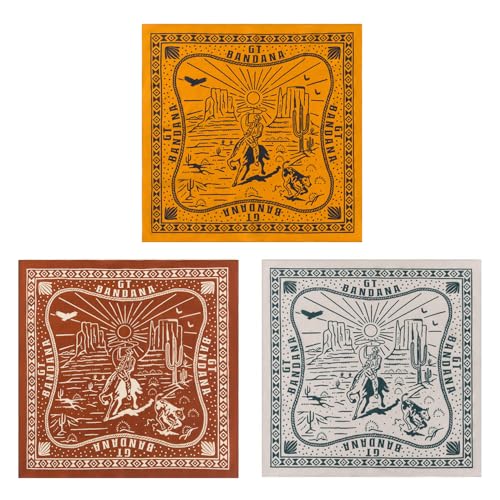GT BANDANA 22"x22" Cowboy Print 100% Cotton Bandana (3-Pack) - Multi-Purpose Headband, Face Cover, Scarf, Neckerchief for Men & Women