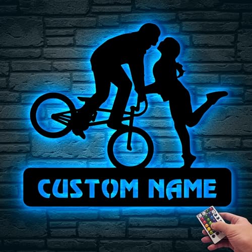 Image of Mountain Biking Classes Near Me Couple Stoppie Kiss Metal Wall Art With LED Light, Gift For Moutain Biking Lover, Wall Art Hanging Home Decor Birthday Xmas Gift