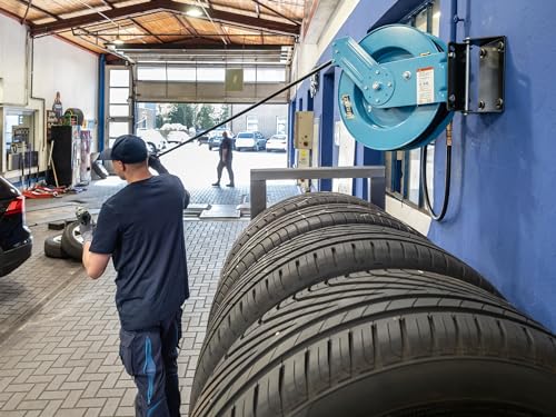 HAZET Open Hose Reel 9040OS-10, 20 Meters/65.62 Feet, 0.39 Inches/10mm, Max. 290 psi, Steel Construction, Automatic Return, Swivel Base, Incl. Mounting Options, Connection Length 6.56 Feet