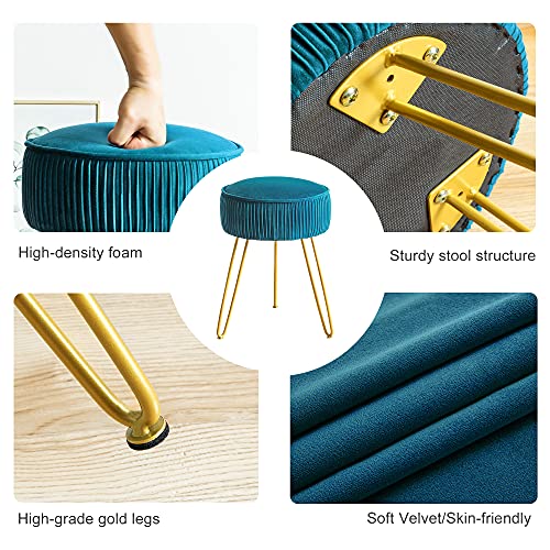 Modern Velvet Round Footstool Ottoman, Peacock Blue Velvet Ottoman Vanity Stool Foot Rest With Gold Legs, Upholstered Pleated Vanity Chair Ottoman, Makeup Stools For Vanity, Footrest For Living Room #TOP5