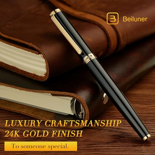 Image of BEILUNER Black Fountain Pen,Stunning Luxury Pens with 24K Gold Accents, Gorgeous 24K Gilded Nib(Fine), Trustworthy Pen Gift for Men&Women -Ink Converter-Elegant, Reliable,Fancy Pen for Writing