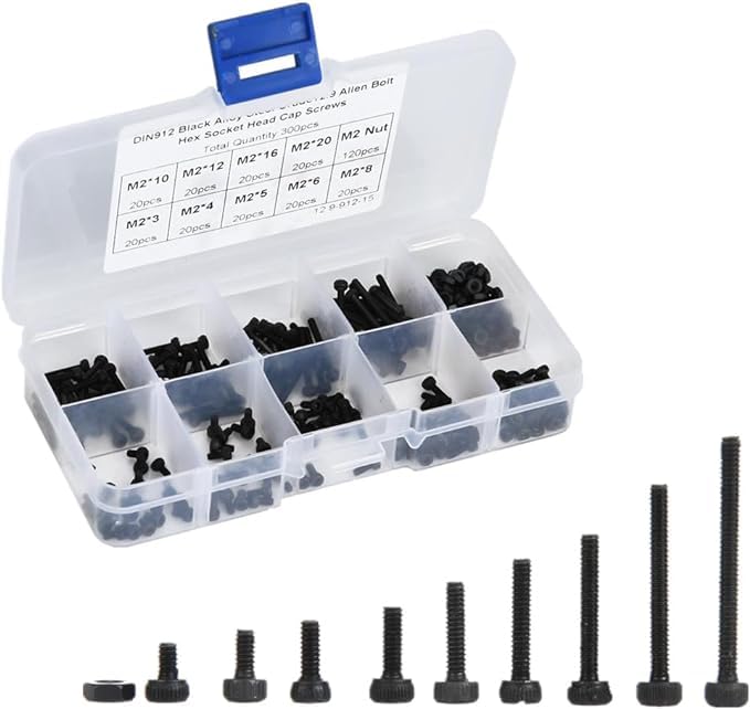M2 Bolts and Nuts Set, 300Pcs 3-20mm M2 Cap Head Bolt Nut Assortment Set, Black Hex Socket Screws Kit with Box, for Home Repairs, DIY, and Professional Use