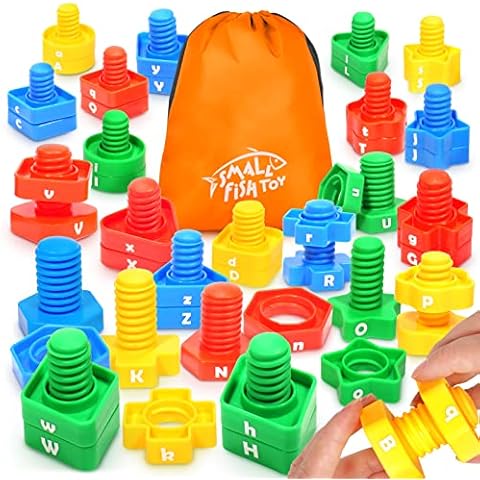 Letters Learning Matching Game | Fine Motor Skills Toy Set for Toddlers | 26 Alphabet Learning Toys with 52 pcs Nuts and Bolts Sorting & Stacking Toys, ABC learning Educational Montessori Toy for Kids Cover