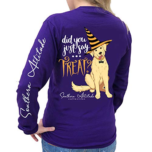 Southern Attitude Did You Just Say Treat Halloween Dog Purple Women's Long Sleeve Shirt (Medium)