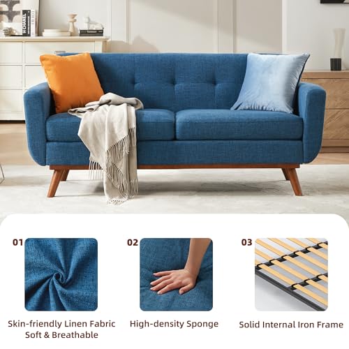 Image of Kingfun 65.2 inch W Loveseat Sofa, Mid Century Modern Decor Love Seat Couches for Living Room, Button Tufted Upholstered Furniture, Solid & Easy to Install Small Couch for Bedroom Office Apartment, Blue