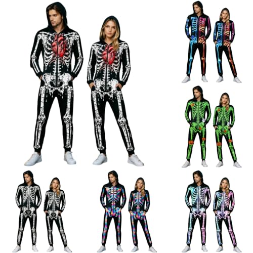 Skeleton Costume Adult Hooded Zip‑Up Jumpsuit Halloween Pajamas Unisex Print Cosplay Outfit For Themed Party - image 1