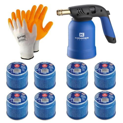 Kemper   Lámpara para soldar + 8 bombonas de gas butano seguro + 2 guantes de regalo | Soplete de encendido profesional para bricolaje, barbacoa, deshierba, soldaduras ligeras