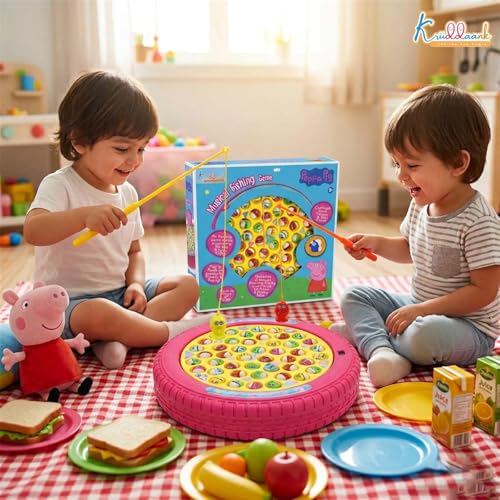Image of Hasbro Peppa Pig Musical Fishing Board Game - Rotating Pond with 45 Fishes & 4 Poles - Educational Pink Magnetic Toy for Kids 3+ Years - Interactive Fast-Action Game for 1-4 Players