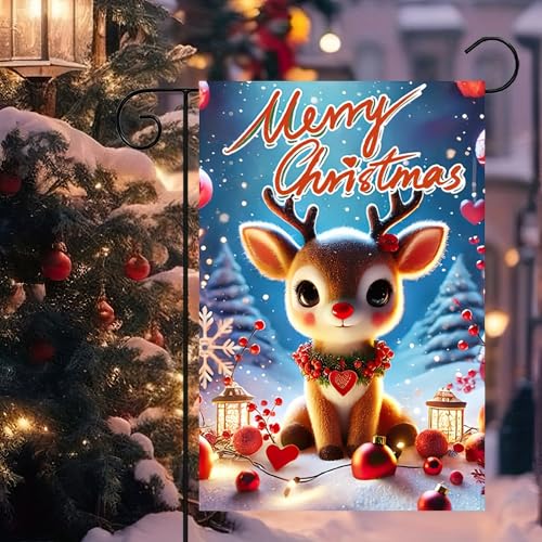 Image of BlissYard Christmas Reindeer Garden Flag 12x18 Inch Double Sided Merry Christmas Cute Red Nosed Reindeer Yard Banner Festive Ornaments Snow Scene Holiday Outdoor Lawn Porch Patio Pathway Seasonal Home Decoration