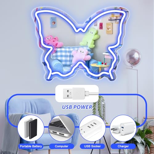 Image of Butterfly Neon Sign Mirror, Neon Sign for Wall Decor, LED Butterfly Light with Dimmable Brightness, 15.7 inch x 12 inch Mirror Neon Sign for Girls Room, Teen Bedroom Decor, Birthday Party Gift, USB Powered Blue