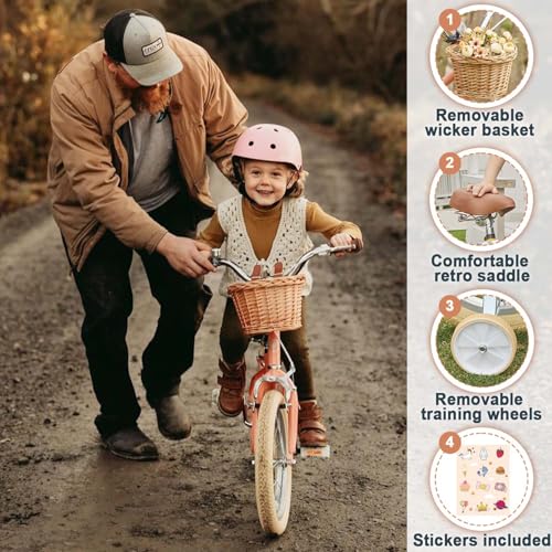 Image of Petimini Vintage Kids Bike for Girls, 12-20 Inch Classic Bicycle with Wicker Basket & Bell, High Tensile Steel Frame, Training Wheels (12-18 inch), 85% Pre-Assembled, Retro Bike for Outdoor Riding