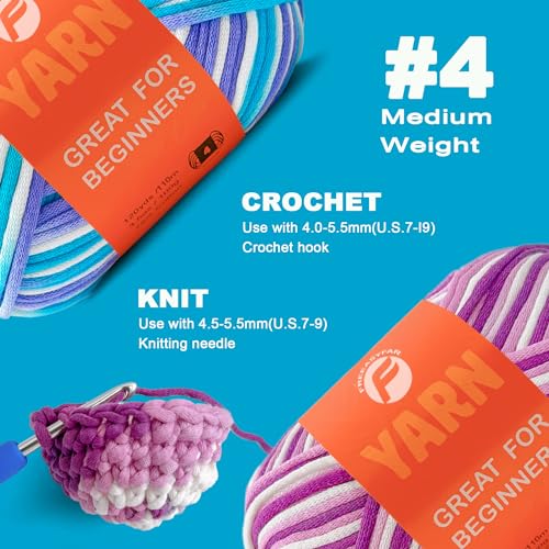 Image of 2x3.5Oz Beginner-Friendly Yarn for Crocheting and Knitting;Worsted-Weight Medium #4;Cotton Blend Yarn for Beginners with Easy-to-See Sitches,Great for Amigurumi DIY (Azure Waves+Lavender)
