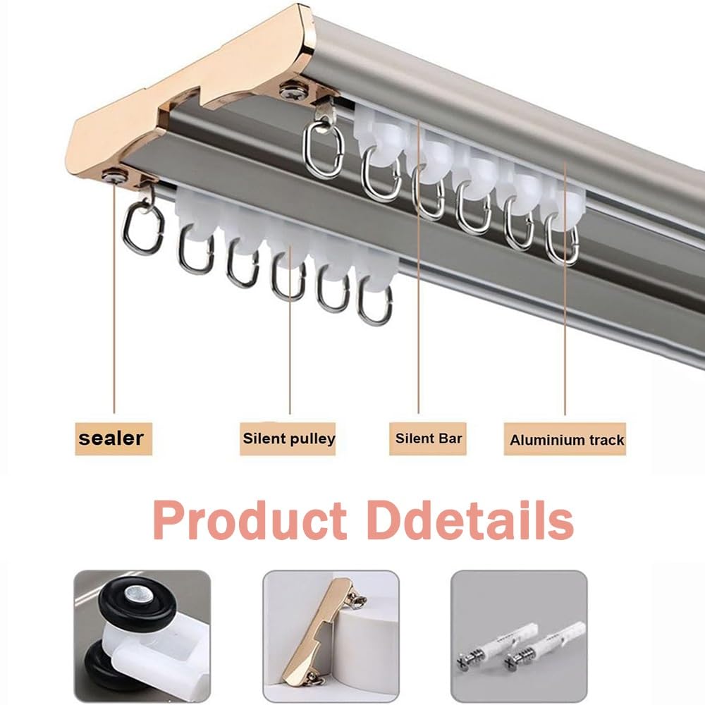 Wysokiej jakości regulowany aluminiowy system szyn do zasłon 100–157 cm, podwójne drążki sufitowe, ciche szyny przesuwne do przegród pomieszczeń i okien wykuszowych, złote wykończenie, 2,5 m