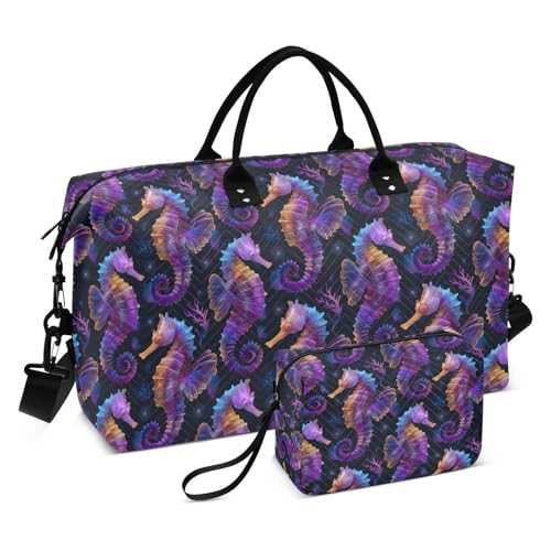Seahorse Colorful Black Large Travel Duffle Bag Weekender Overnight Bags Gym Yoga Bag for Women Men with Toiletry Bag