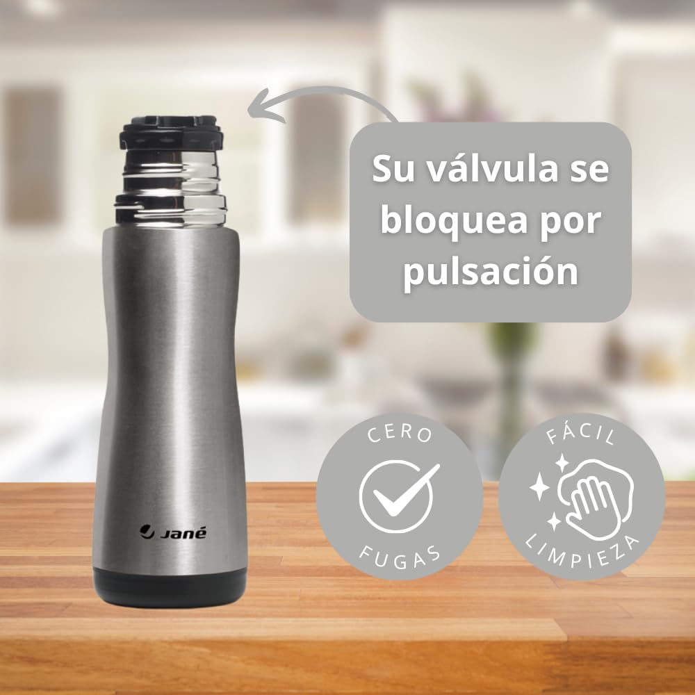Jané Termo Líquidos, Acero Inoxidable, 300 ml, con Tetina de Silicona, Incluye Bolsa de Neopreno, Mantiene el Calor hasta 10 horas, Gris