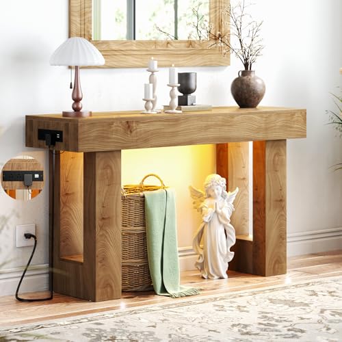 Unikito 47 Entryway Table with Socket and Sensor Light Narrow Console Table with Storage Behind Couch Farmhouse Entry Way Tables with Open Storage for Entrance/Hallway/Living Room Natural Oak