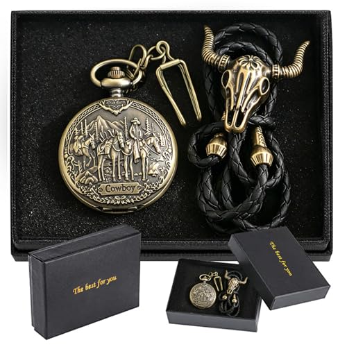 Image of Tiong Vintage Pocket Watch Engraved Cowboy Skull Wolf 3D Pattern Arabic Numerals Quartz Pocket Watch with Chain Best Gifts