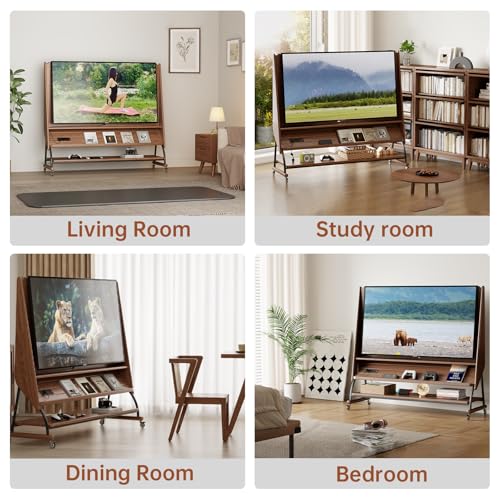 Image of Soild Wood Rolling Tv Stand with Wheels 40-65 Inch,media console Tv Cart, Monitor Floor Mount Stand entertainment center, Mobile Bedroom Wood 3 tier open Storage Stand with Outlet and Shelves