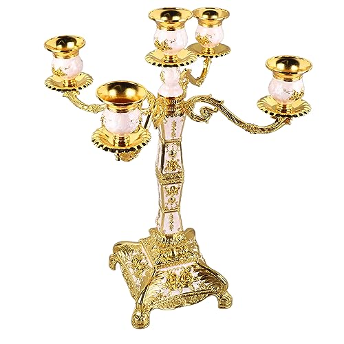 Eminchu Kandelabry z Metalowymi Ramionami Romantyczny świecznik w Stylu Vintage na Wesela, Kolacje Stylowa Konstrukcja ze Stopu (Złoto i biel Pięć głów)