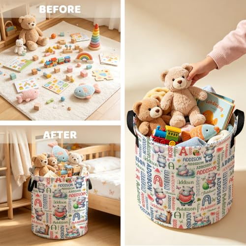 Image of Custom Hippo Laundry Hamper, Personalized Laundry Basket with Name, Customized Dirty Clothes Basket for Clothes Toy Bathroom Bedroom Storage,S-16.5 inchX 13.8 inch