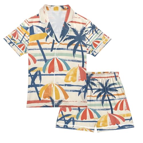 senya Coconut Trees Umbrellas Satin Summer Pajama Sets Silk Short Sleeve Button Down Sleepwear