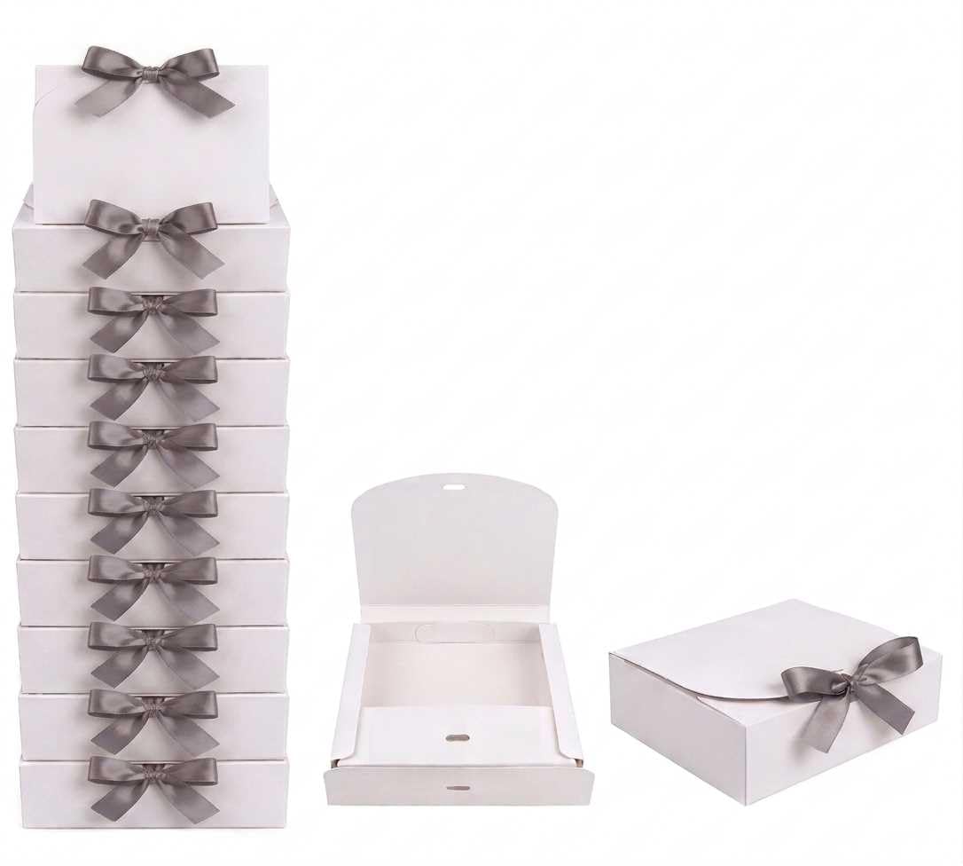 Emartbuy White Kraft Gift Box with Grey Ribbon – 24 x 19.5 x 7 cm – Fits Perfume, Beauty Sets & Small Gift Hampers – Birthdays Weddings Christmas Corporate Gifting Trade Wholesale – Pack of 12