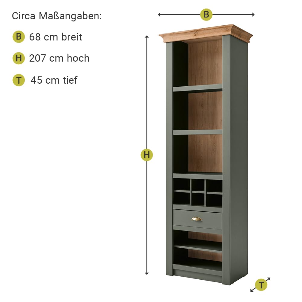 Lomadox Landhaus Wohnwand Set mit Anrichte, grün mit Wotan Eiche, mit Beleuchtung, Regalschrank, Standvitrine, TV-Lowboard, Wandregal und Sideboard