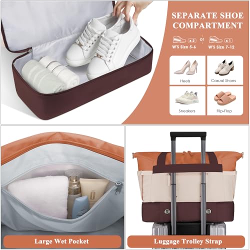 Image of Gym Bag for Women, Travel Duffel Bag with Shoes Compartment, Weekender Bag, Orange Khaki Brown, Medium