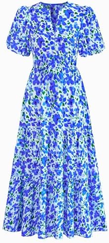 dowerme Womens Summer Dresses 2025 Casual Puff Short Sleeve V Neck Floral Boho Tiered Ruffle Maxi Dress with Pockets
