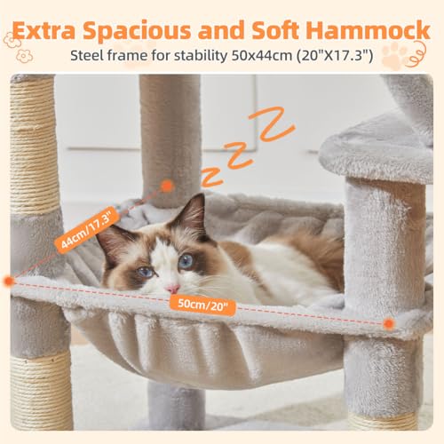 Image of Taoqimiao Cat Tree 57.5-Inch, Cat Tower for Indoor Cats Large Adult, Extra Large Cat Condo, 8 Sisal Scratching Posts, Metal Frame Cozy Hammock, Durable Scratch Board, 2 Top Perches, Light Gray MS026W