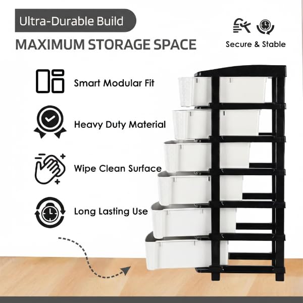 Image of KITCHIVO Plastic Modular Drawer Storage Chest Of Drawers Organizer Storage Box, Large Stomo Racks For Multipurpose Anti-slip Shoes Organizers (White & Black, 6 Layer)