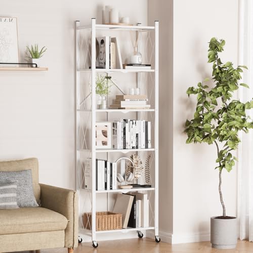 Image of ALANNG 73.6 Inch Folding Bookshelf, 6 Tier Metal Bookcase and Bookshelves | Tall Shelves for Living Room Office Bedroom, Heavy Duty Book Shelve Free Standing Open (White, 4PACK)