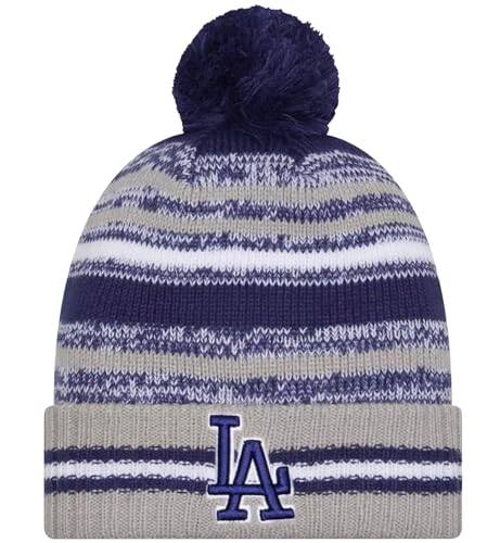 New Era Onfield Sport Striped Cuffed Baseball Knit Beanie Hat Pom - MLB Cheer Winter Knit Toque Cap (US Alpha One Size Los Angeles Dodgers Blue)