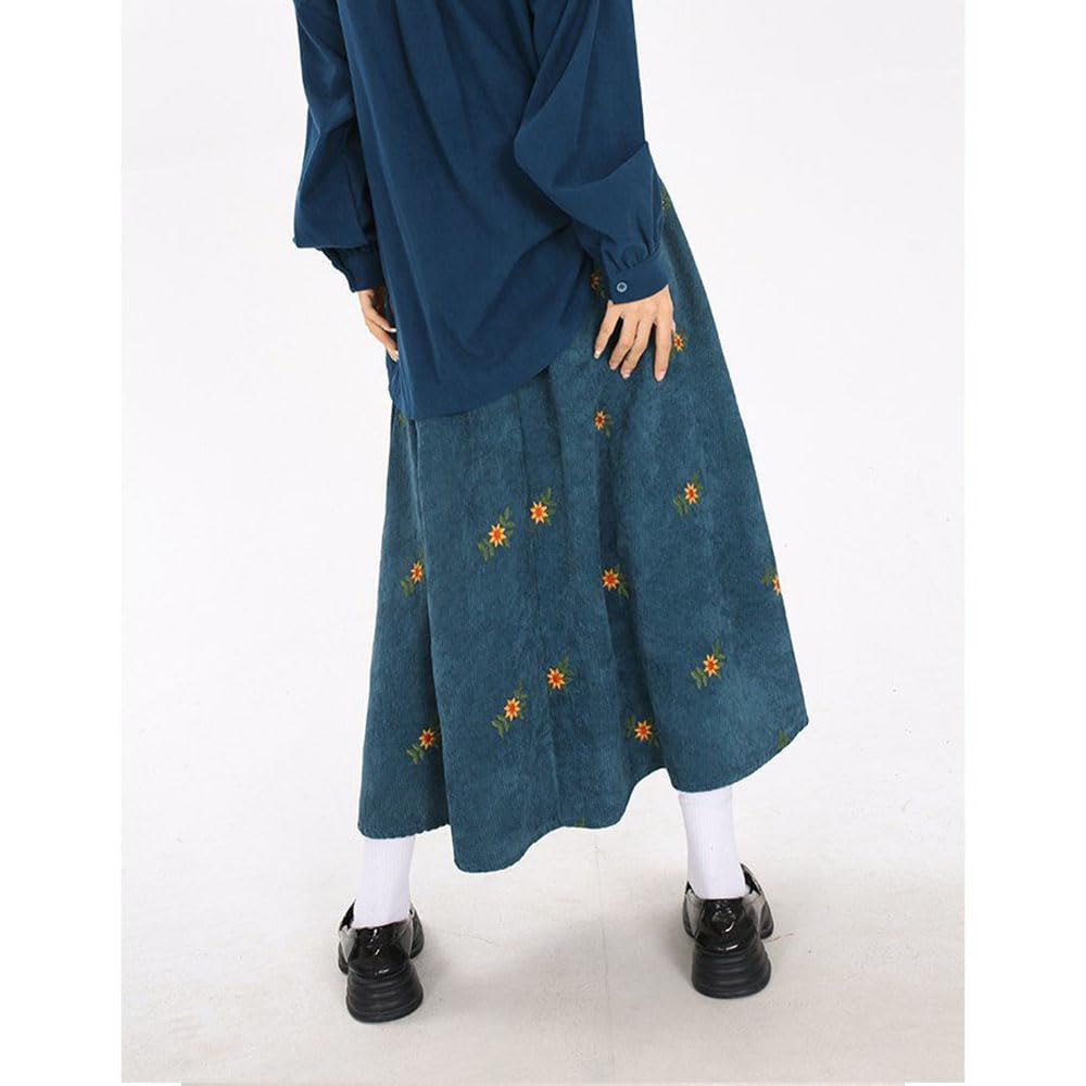 Gonne Lunghe da Donna in Velluto a Coste con Ricami Floreali, Gonna Midi Lunga in Velluto a Coste con Tasche, con Tasche gonne Invernali