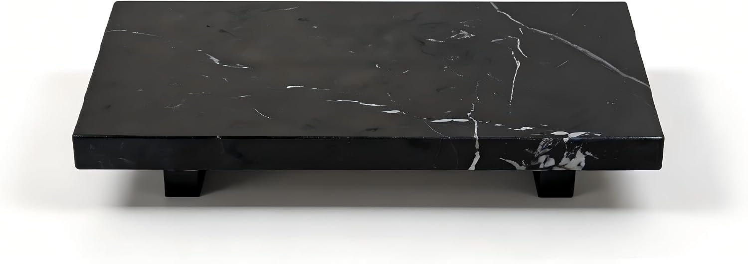 Small Black Marble Soap Dispenser Pedestal Tray 9.84 in | Stone Pedestal Tray for Bathroom Counter, Vanity Riser for Perfume, Jewelry, Candles and Dresser Decor