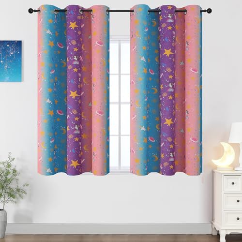 Image of Pink Purple Blue Star Moon Unicorn Curtains for Girls Bedroom 45 Inch Long | Estelar Textiler Room Darkening Colorful Rainbow Design Grommet Privacy Window Drapes for Kids Playroom,38Wx45L,2 Panels