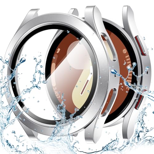 Goton Waterproof Case for Samsung Galaxy Watch 7 Screen Protector 40mm with Tempered Glass, 1-Pack Hard PC Cover Bumper for Galaxy Watch7 – No Fog, Touch-Responsive, Silver