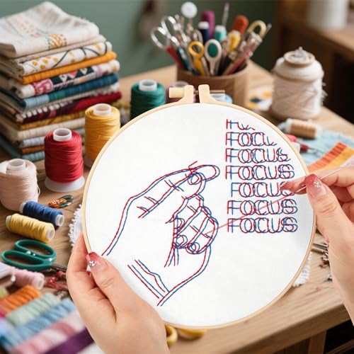 Image of Crafmanoe Easy Hand Embroidery Kits for Beginners Adults, Focus Embroidery Starter Kits, Counted Cross Stitch Kits for Beginners Craft Kits for Adults Women, Embroidery Hoops, Thread & Video Tutorial