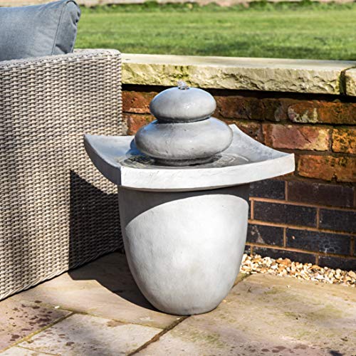 Peaktop Garden Waterfall Zen Stone 2 Tier Outdoor Water Fountain with LED Light, Grey, Polyresin Garden Statue Lights & Water (47 x 47 x 62 cm)