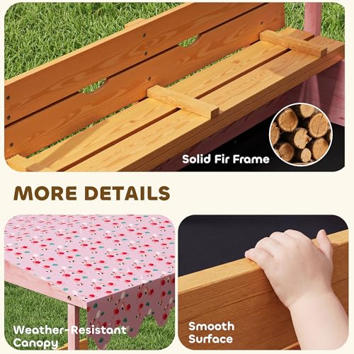 Qaba Wooden Sandbox with Cover, Kids Sandbox Outdoor with Bench Seats, Bottom Liner, Canopy for Kids Ages 3-6, Flamingos Print, Pink