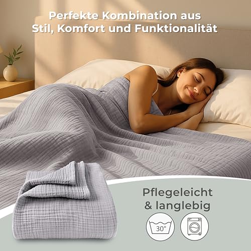 LAYNENBURG Premium Musselin Tagesdecke 220x240 cm XXL - 100% Baumwolle - extraweiche Baumwolldecke als Kuscheldecke, Bett-Überwurf, Sofa-Überwurf, Couch-Überwurf - warme Sofa-Decke (Grau)