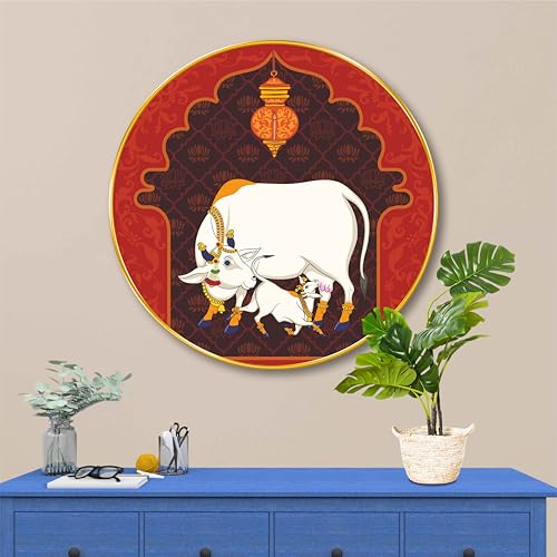 Image of SAF Round Cow and Calf Wall Painting - Golden Frame | Sacred Gau Mata Art | Traditional Hindu Religious Wall Decor for Pooja Room Temple Living Room Festival Gift