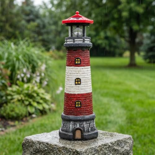 Image of Solar Lighthouse Outdoor Statues, 360 Rotating Beacon Garden Lighthouse, 15 inch Light House for Outside Garden Yard Decor, Waterproof Resin Nautical Figurines for Patio Lawn Landscape Lighting (Red)